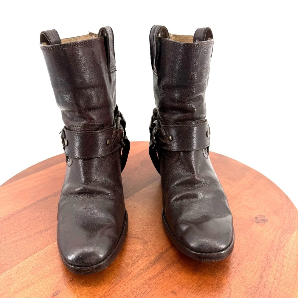 Frye Harness 4001 Ankle Boots Dark Brown Leather Moto Biker Resoled Women 6B - Picture 5 of 14